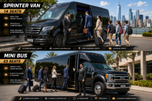 Two black passenger vans with groups boarding, city skyline background for travel infographic banner