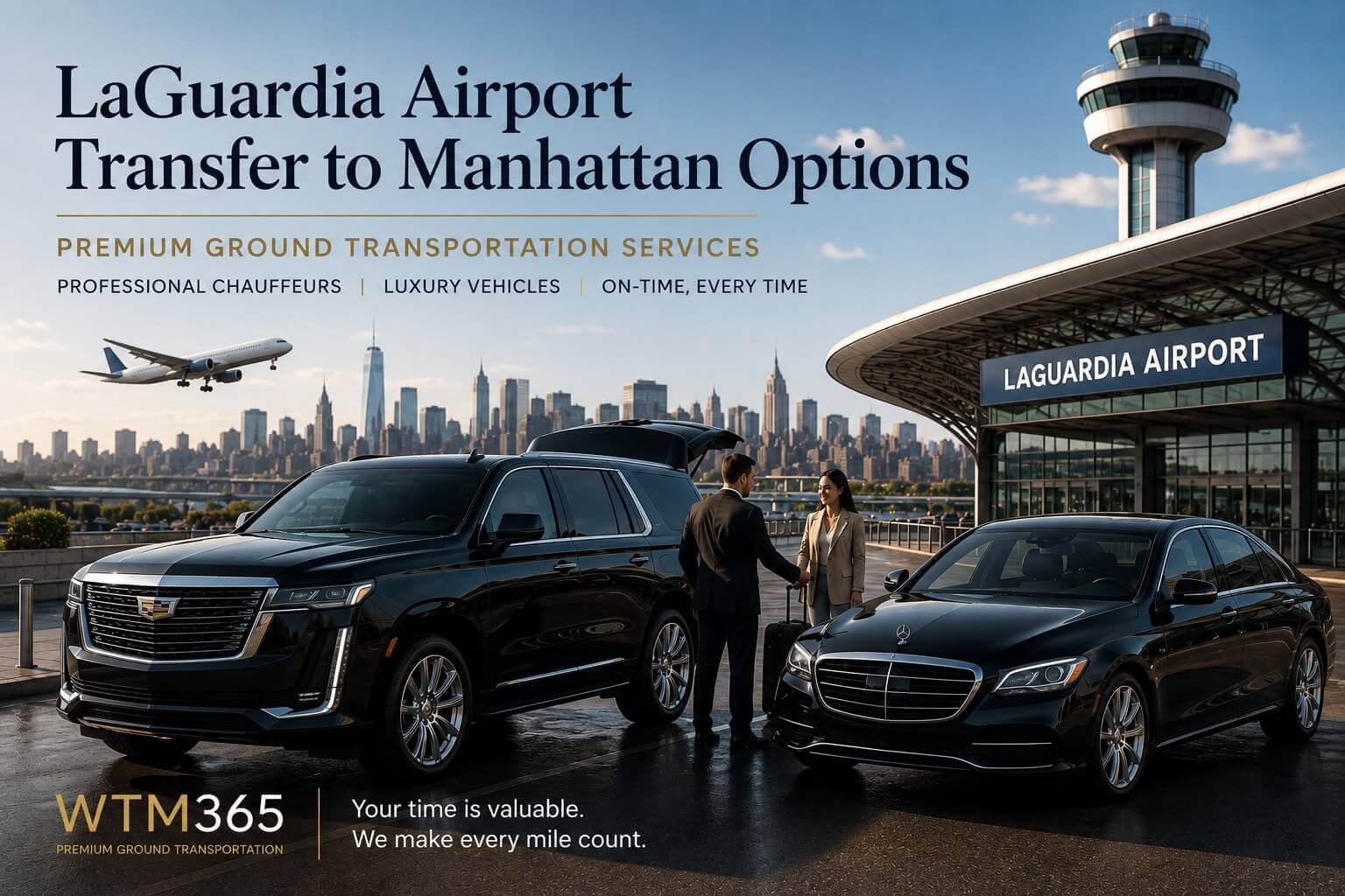 Advertisement for LaGuardia Airport transfer to Manhattan: luxury cars, skyline, and a handshake near the terminal building.