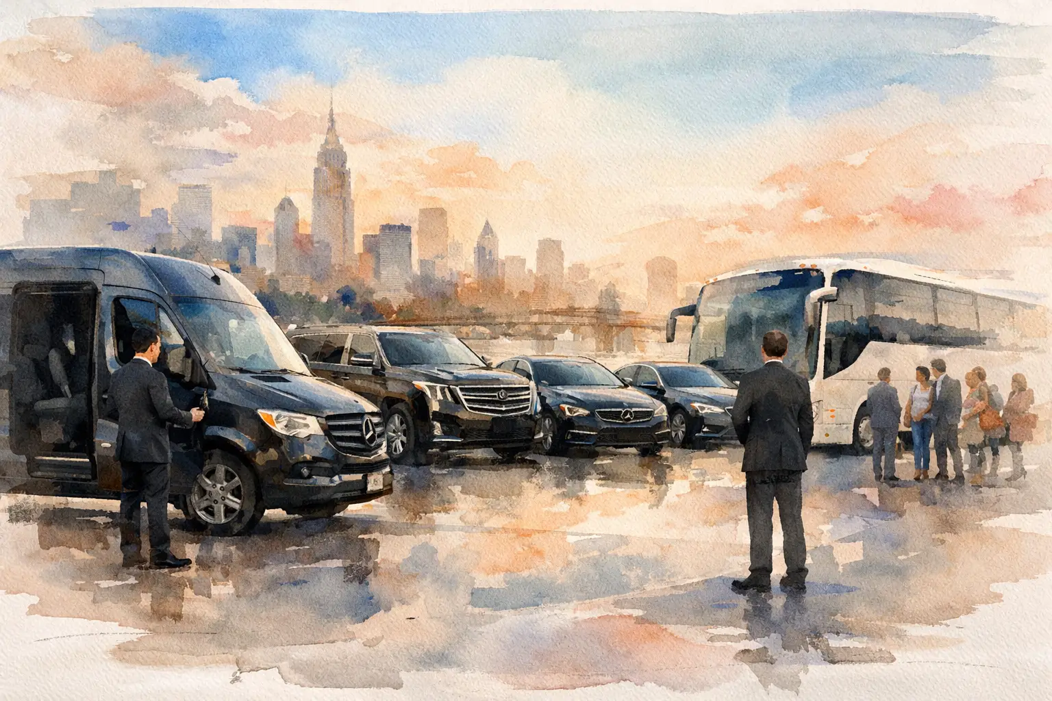 Best Van Service for Large Groups in NYC | WTM365 | U.S. Limosystems Watercolor-style city skyline at dusk with a row of black executive vans and people in business attire nearby.
