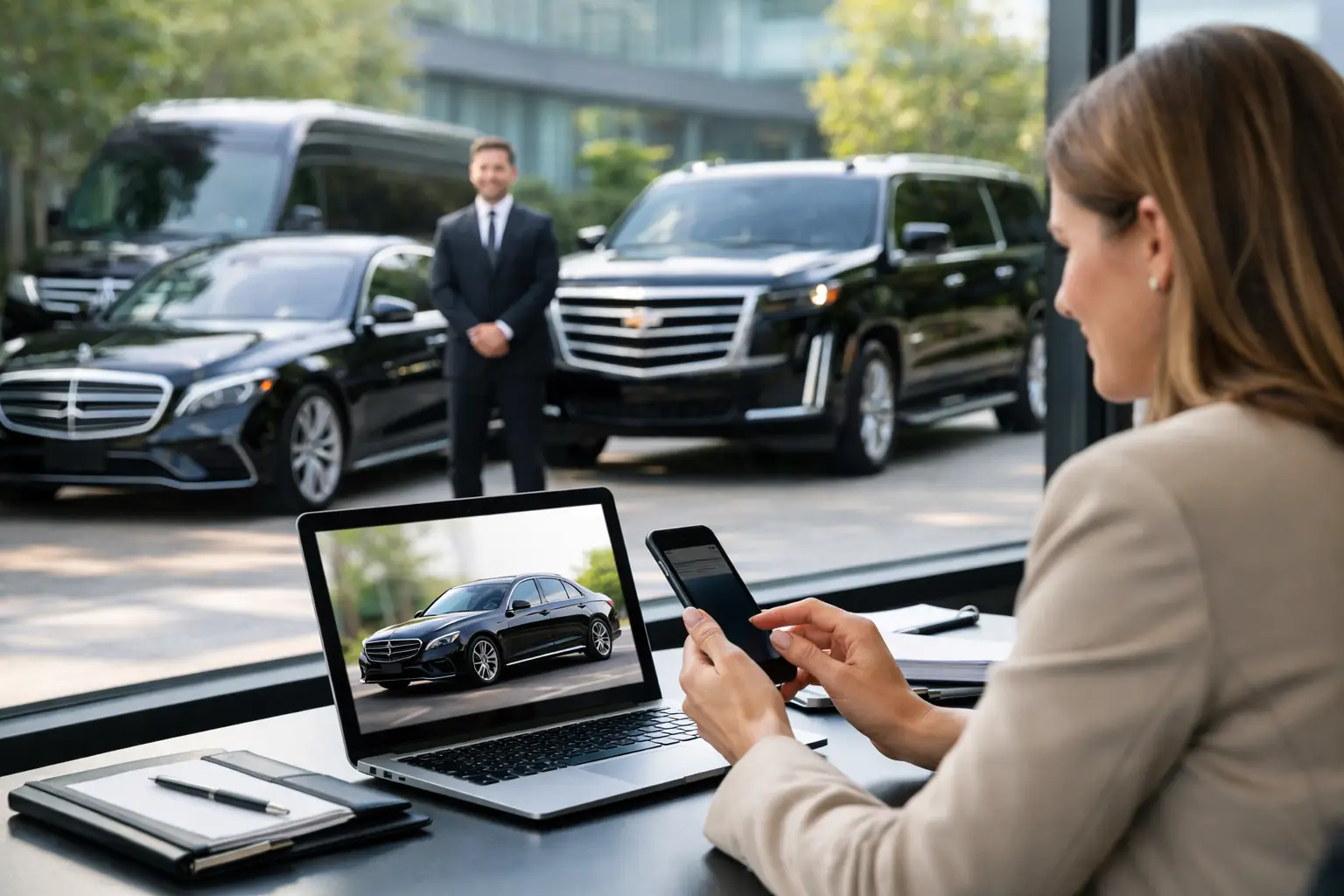 Professional woman at a desk using a smartphone; laptop screen shows a black luxury sedan, with a suited man and black SUVs outside.