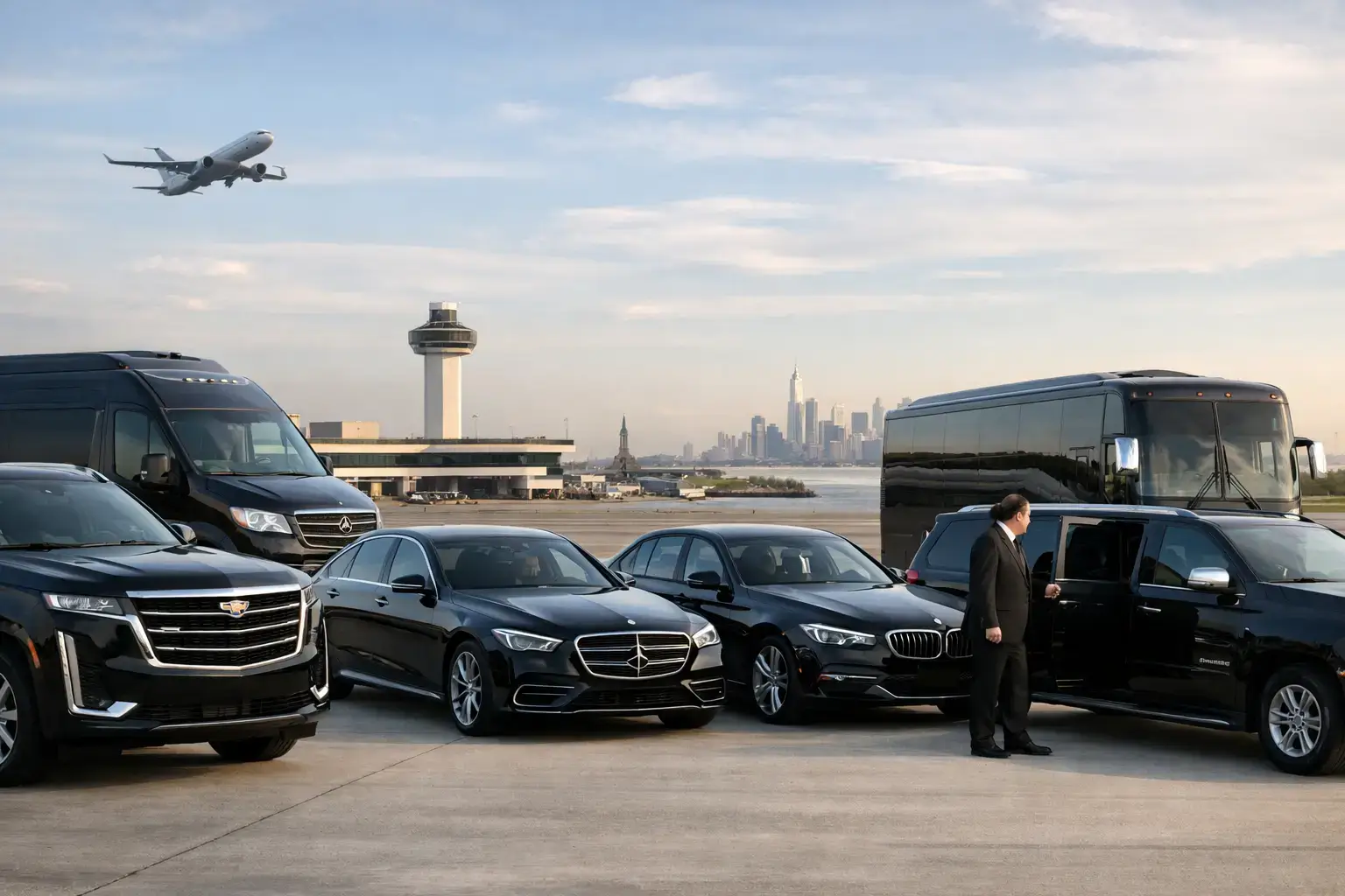 Black luxury cars and a black van parked on a tarmac with a man in a suit beside the vehicle, a control tower and city skyline in the distance, and a plane flying overhead in the sky.
