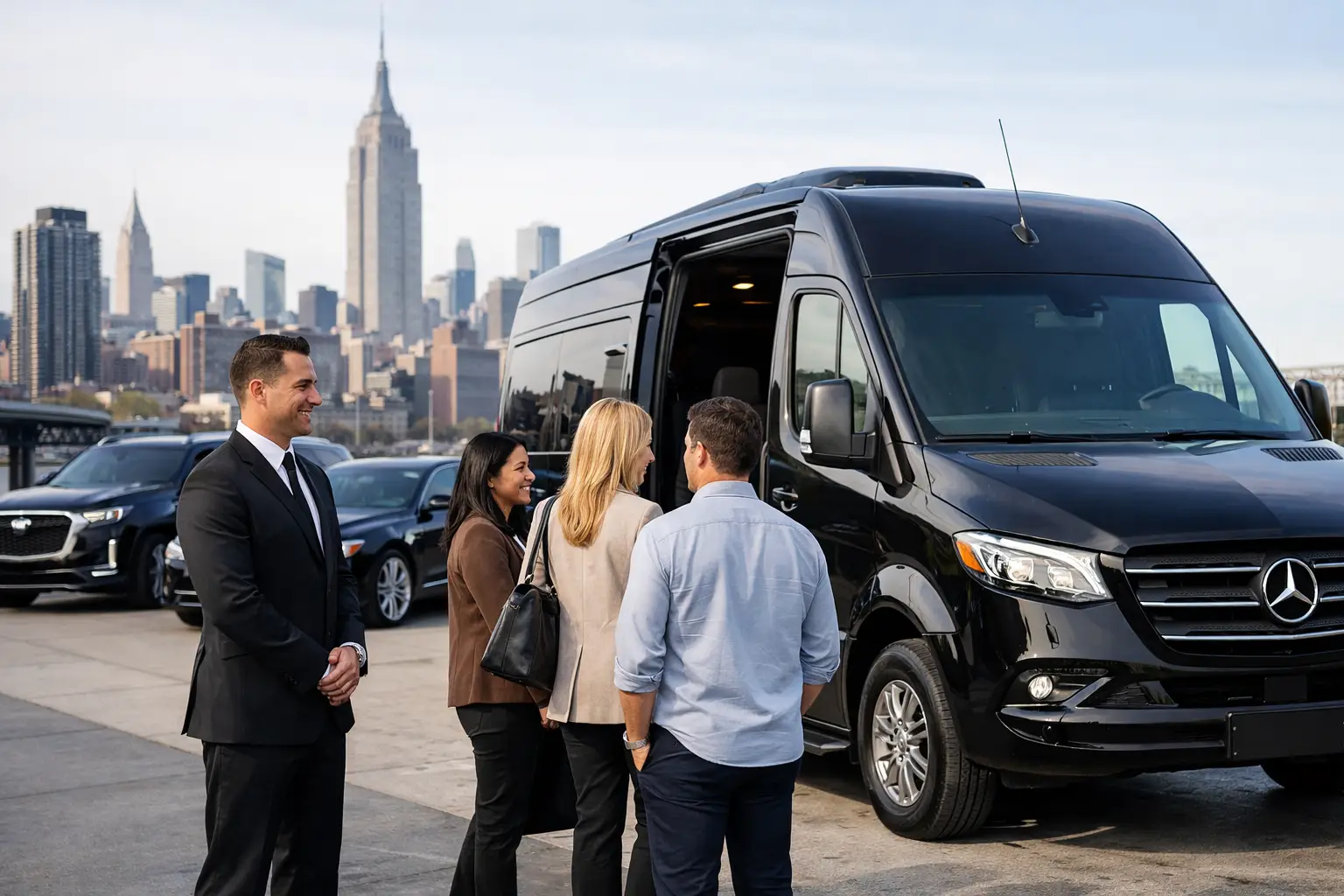 Group of professionals chat and board a black Mercedes van with a city skyline in the background (urban shuttle/transport scene).
