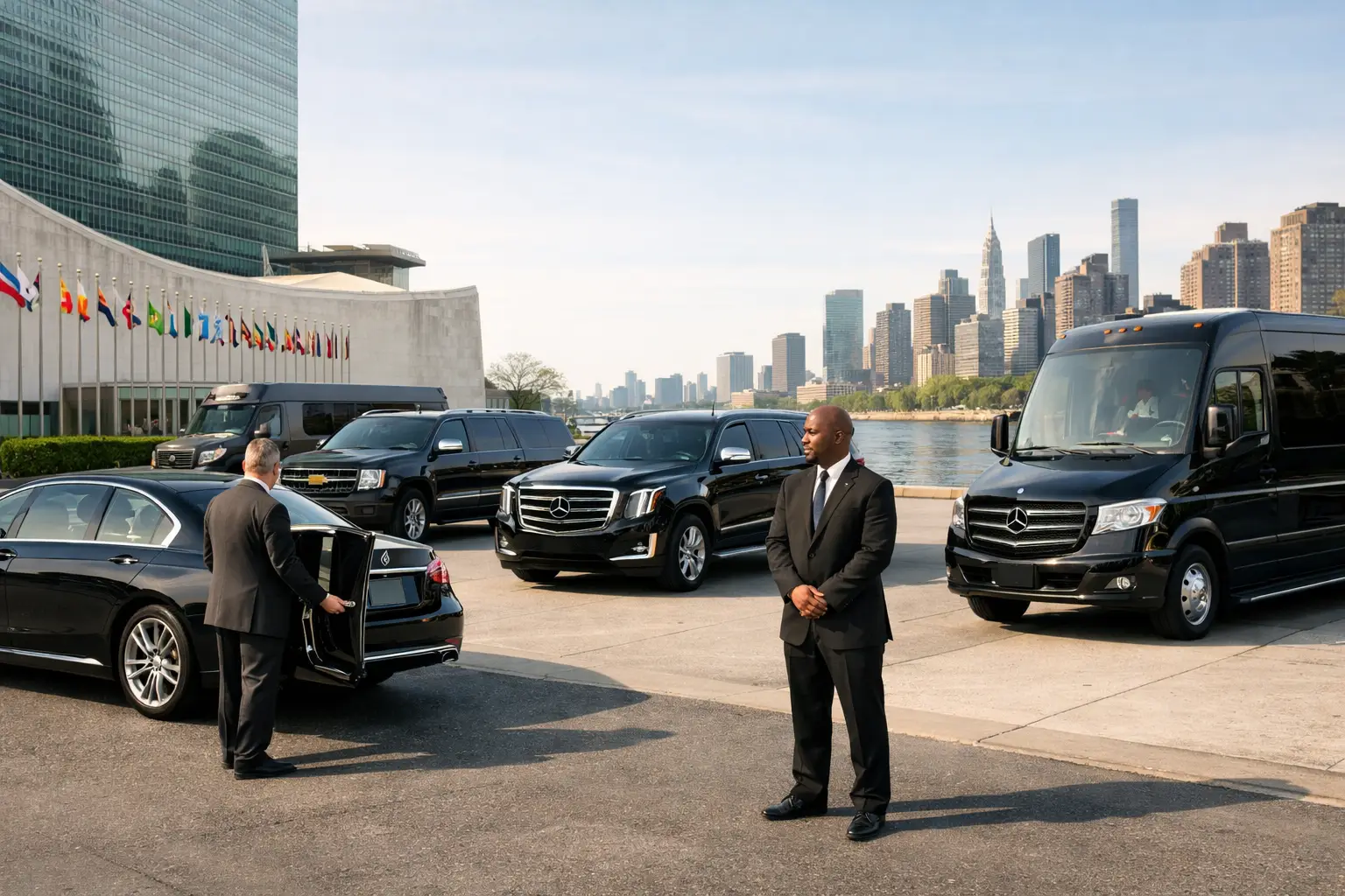 Chauffeur opens the rear door of a black sedan as a suited security guard stands nearby; city skyline in the background.