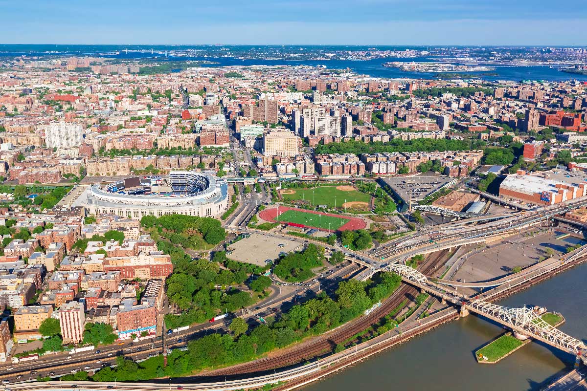 Yankee Stadium and the surrounding Bronx neighbourhood
