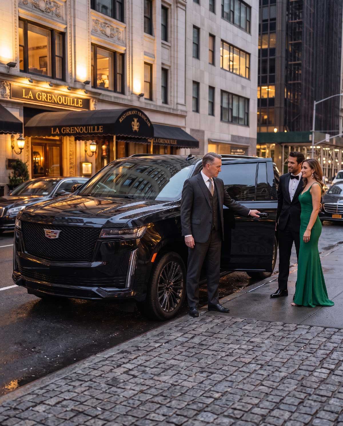 Chauffeured couple arriving for dinner in New York City
