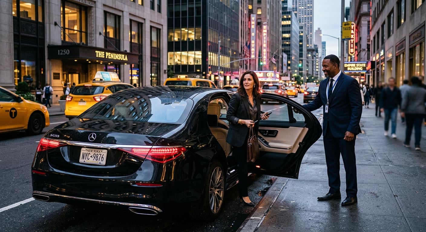Executive being chauffeured between meetings in a luxury sedan