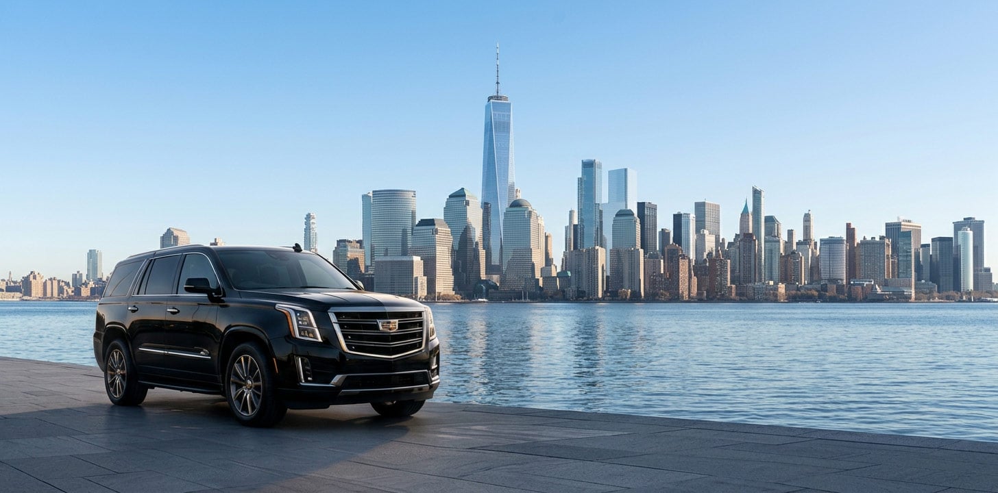 Black luxury SUV with the New York City skyline behind it