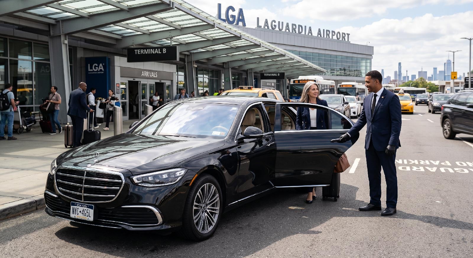 WTM365 chauffeur with a client in a luxury SUV at LaGuardia Airport